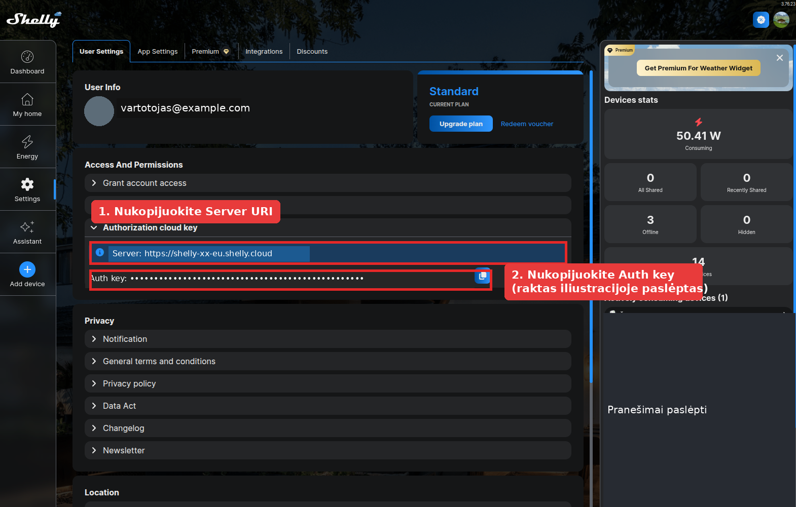 Shelly Cloud sugeneruotas Server URI ir paslėptas Auth key