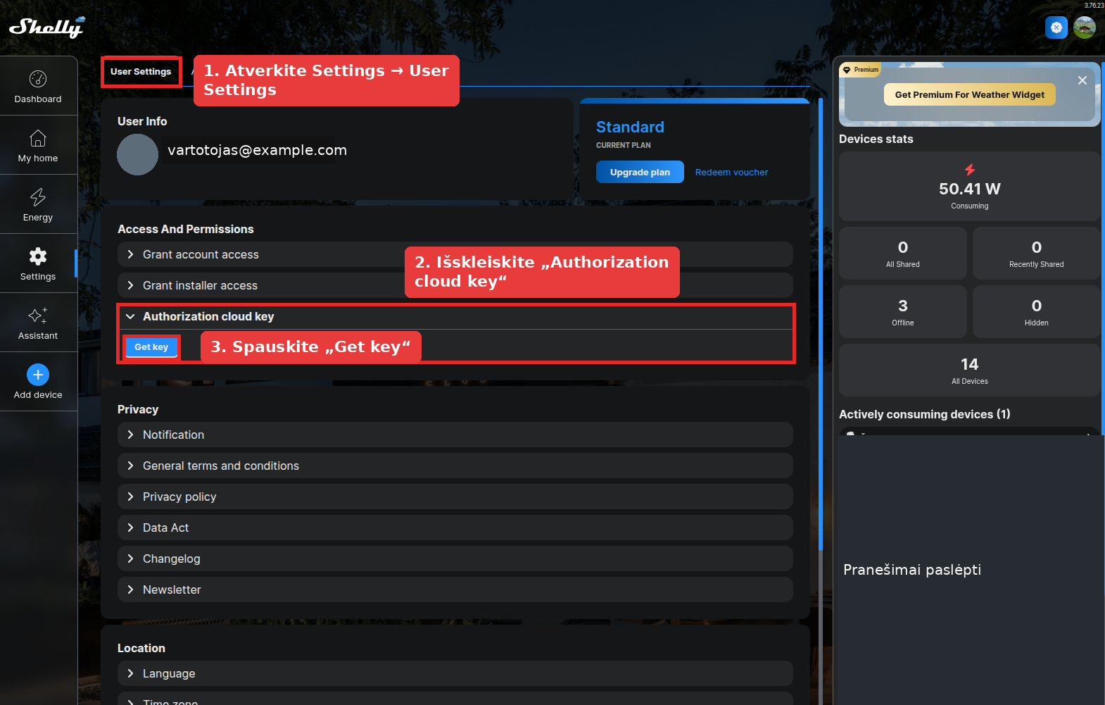 Shelly Cloud-Einstellungen mit markiertem Bereich Authorization cloud key